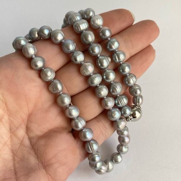 Pearl Necklace Gray Single Strand Pastel Silver Cultured Freshwater Baroque 22” - Picture 3 of 10